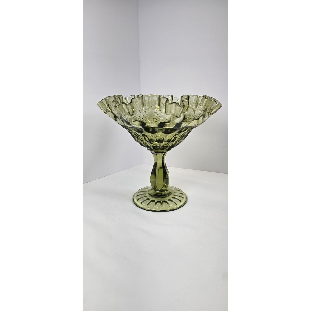 Vintage Fenton Thumbprint Footed Compote Ruffled Edge Colonial Green 7.5" Tall